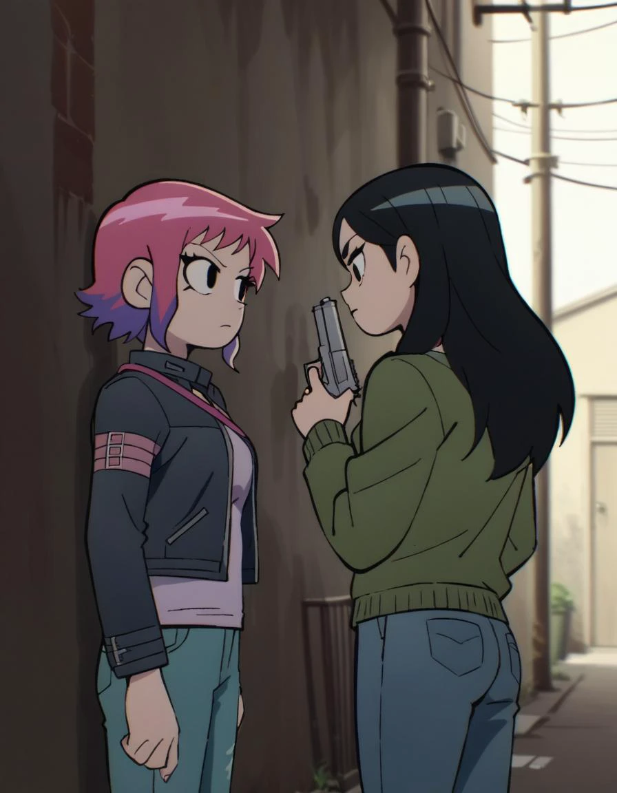 score_9, score_8_up, score_7_up <lora:Scott_Pilgrim_Takes_Off:0.4> scottp, sketch, anime coloring, black eyes,
2girls, holding gun, handgun, trigger discipline, looking to the side, from side, alley
BREAK Ramona, pink hair, purple hair
BREAK Stacey, black hair, long hair, parted bangs, thick eyebrows