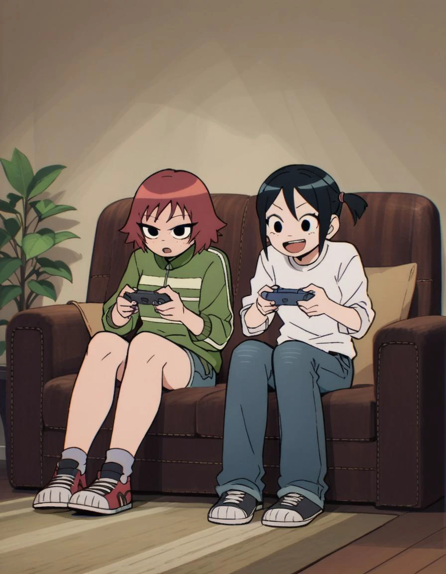 score_9, score_8_up, score_7_up <lora:Scott_Pilgrim_Takes_Off:0.4> scottp, sketch, anime coloring, black eyes,
2girls, full body, casual, sitting, on couch, playing games, excited, happy, plant
BREAK Kim, red hair, short hair, freckles
BREAK Chau, black hair, side ponytail