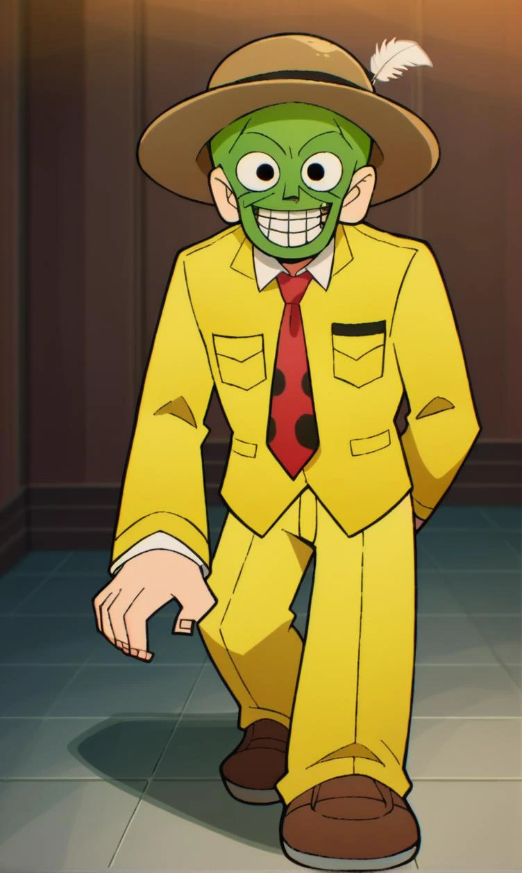 score_5, score_6, score_7, score_9, score_8_up, source_anime, <lora:ScottP:1> BREAK , 1boy, solo, /(/The mask)/, a man wears a yellow suit and a hat with feather, red tie, green skin, green mask, cowboy shot, yellow pants, brown shoes,smile, big smile, teeth, wide eyes, happy, <lora:The_mask_-_pony:1>,