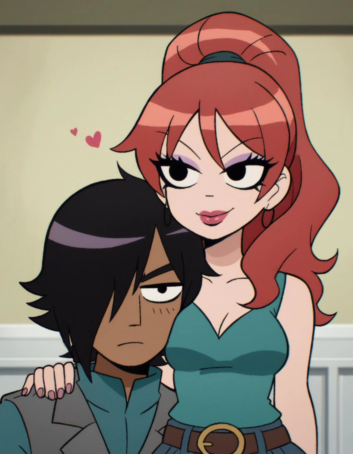 zPDXL, score_9, score_8_up, score_7_up, source_anime, <lora:ScottP-v2-3:0.8> scttp, multiple characters, outdoors, smiling, happy, hugging, looking at another, cute, adorable, blush, heart,
matthew, dark-skinned male, hair over one eye, black hair,
Envy, long hair, ponytail, red hair, makeup, high ponytail, lipstick, eyeshadow,