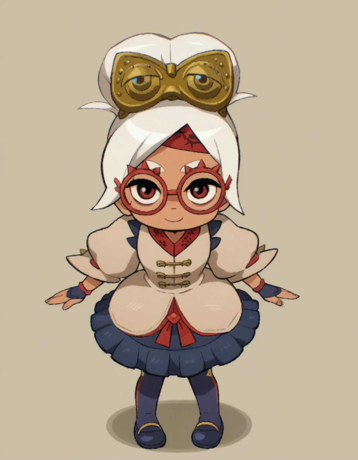 zPDXL, score_9, score_8_up, score_7_up, source_anime, 1girl, solo,
<lora:LilPurah_v1.2:0.8> purah, sheikah, white hair, dark-skinned female, child, thick eyebrows, red eyes, red-framed eyewear, hair bun, goggles on head, beige jacket, blue skirt, frilled skirt, blue socks, kneehighs, blue footwear, mary janes, red headband, fingerless gloves, blue gloves, petticoat, light smile, <lora:ScottP-v2-3:0.8> scttp