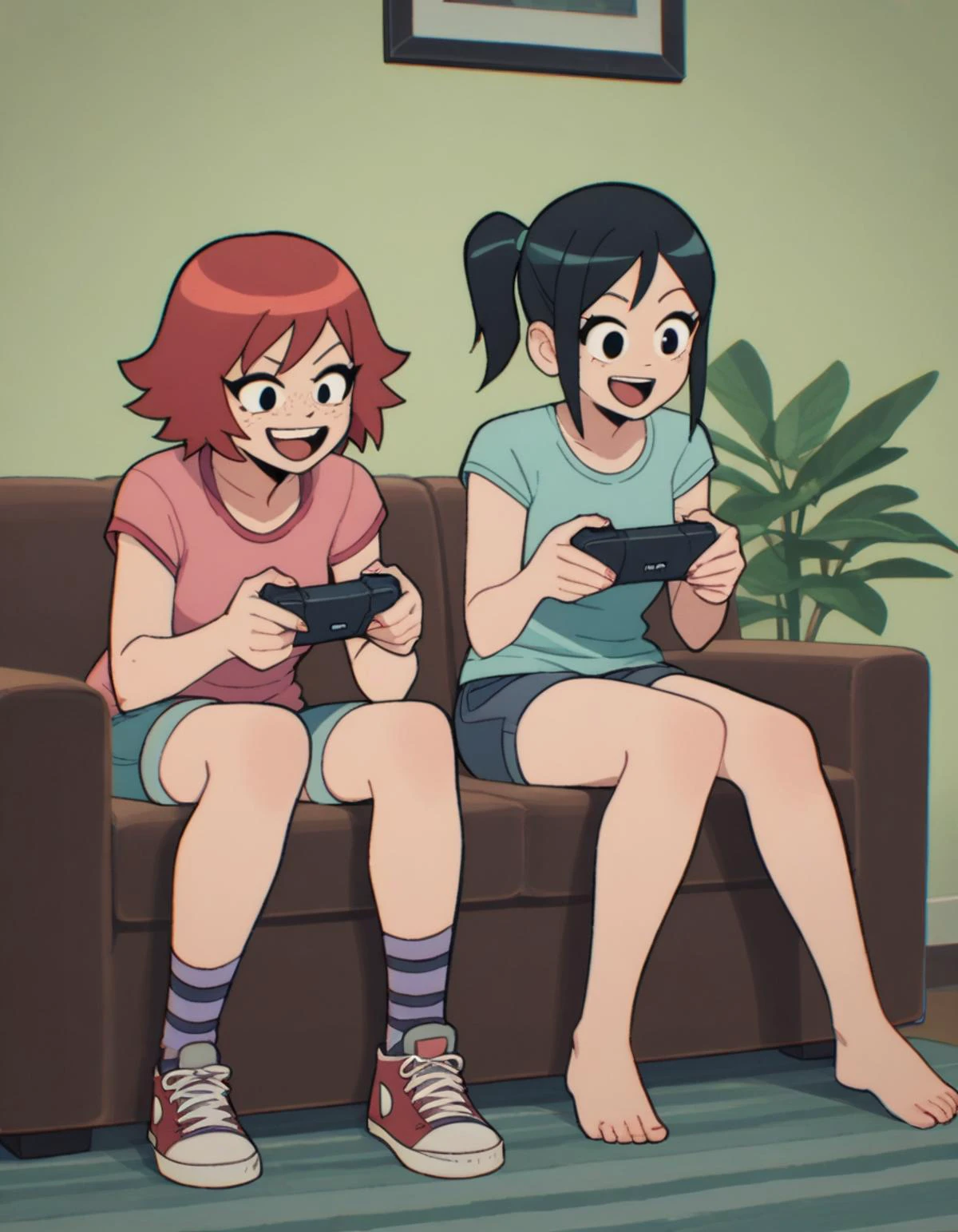 score_9, score_8_up, score_7_up, <lora:ScottP-v2-1:0.3> scottp, 2girls, full body, casual, sitting, on couch, playing games, excited, happy, plant BREAK Kim, red hair, short hair, freckles BREAK Chau, black hair, side ponytail