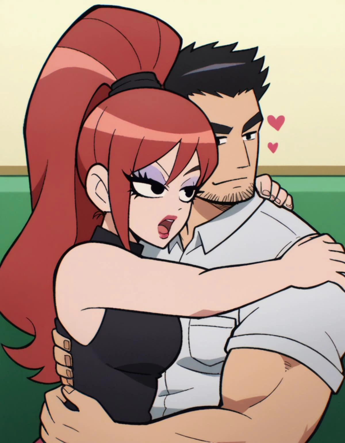 zPDXL, score_9, score_8_up, score_7_up, source_anime, <lora:ScottP-v2-3:0.8> scttp, multiple characters, outdoors, smiling, happy, hugging, looking at another, cute, adorable, blush, heart,
Envy, long hair, ponytail, red hair, makeup, high ponytail, lipstick, eyeshadow ,
lucas, short hair, black hair, thick eyebrows, facial hair, beard stubble, muscular, bara, large pectorals ,
