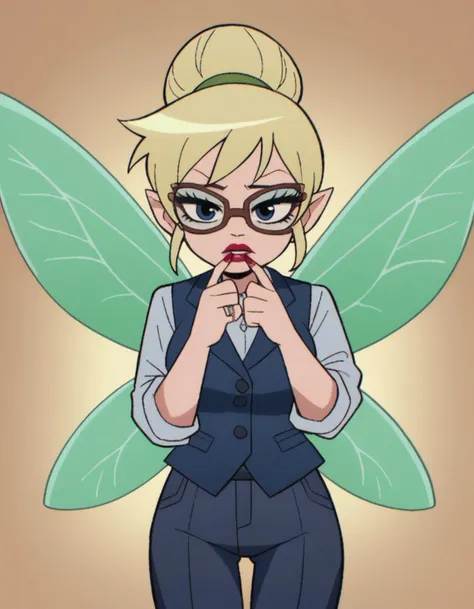 zPDXL, score_9, score_8_up, score_7_up, source_anime, 8k, absurdres,
1girl, solo, Tinker Bell, fairy, blonde hair, fairy wings, office secretary wearing a rich plum tailored vest over a blouse, tailored trousers, classic pumps, minimalist ring set,stylish glasses, red lipstick,mascara, upper body, portrait, <lora:ScottP-v2-1:0.8> scottp