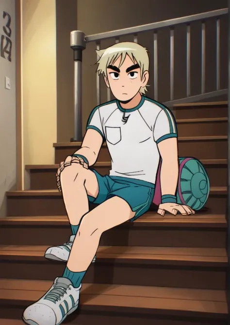 score_9, score_8_up, score_7_up, score_6_up, source_anime, zPDXL, BREAK
<lora:Scott_Pilgrim_Takes_Off:1> scottp, sketch, anime coloring, 1boy, solo, todd, blonde hair, short hair, tall, thick eyebrows, gym ready athletic shorts, performance t-shirt, running shoes, gym duffle bag , sitting on a staircase, pensive,