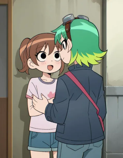 zPDXL, score_9, score_8_up, score_7_up, source_anime, <lora:ScottP-v2-3:0.8> scttp, multiple characters, outdoors, smiling, happy, hugging, looking at another, cute, adorable, blush, heart, 
young, brown hair,
Ramona, green hair, blonde hair , multicolored hair, gradient hair, goggles, goggles on head,