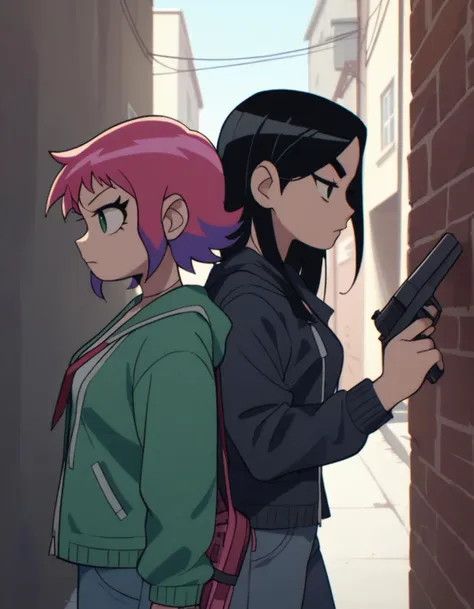 score_9,  score_8_up, score_7_up, <lora:ScottP-v2-1:0.3> scottp, 2girls, holding gun, handgun, trigger discipline, looking to the side, from side, alley BREAK Ramona, pink hair, purple hair BREAK Stacey, black hair, long hair, parted bangs, thick eyebrows