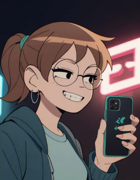 score_9, score_8_up, score_7_up, <lora:ScottP-v2-1:0.8> scottp, Julie, brown hair, ponytail, round eyewear,
flip phone, grin, looking to the side, neon lights, dark
