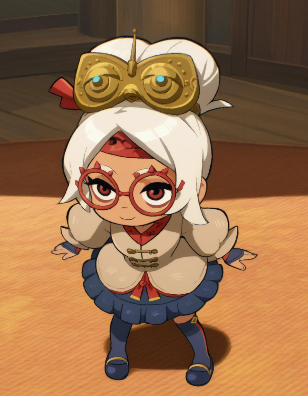 zPDXL, score_9, score_8_up, score_7_up, source_anime, 1girl, solo,
<lora:LilPurah_v1.2:0.8> purah, sheikah, white hair, dark-skinned female, child, thick eyebrows, red eyes, red-framed eyewear, hair bun, goggles on head, beige jacket, blue skirt, frilled skirt, blue socks, kneehighs, blue footwear, mary janes, red headband, fingerless gloves, blue gloves, petticoat, light smile, <lora:ScottP-v2-3:0.8> scttp
