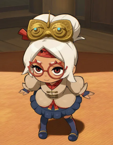 zPDXL, score_9, score_8_up, score_7_up, source_anime, 1girl, solo,
<lora:LilPurah_v1.2:0.8> purah, sheikah, white hair, dark-skinned female, child, thick eyebrows, red eyes, red-framed eyewear, hair bun, goggles on head, beige jacket, blue skirt, frilled skirt, blue socks, kneehighs, blue footwear, mary janes, red headband, fingerless gloves, blue gloves, petticoat, light smile, <lora:ScottP-v2-3:0.8> scttp