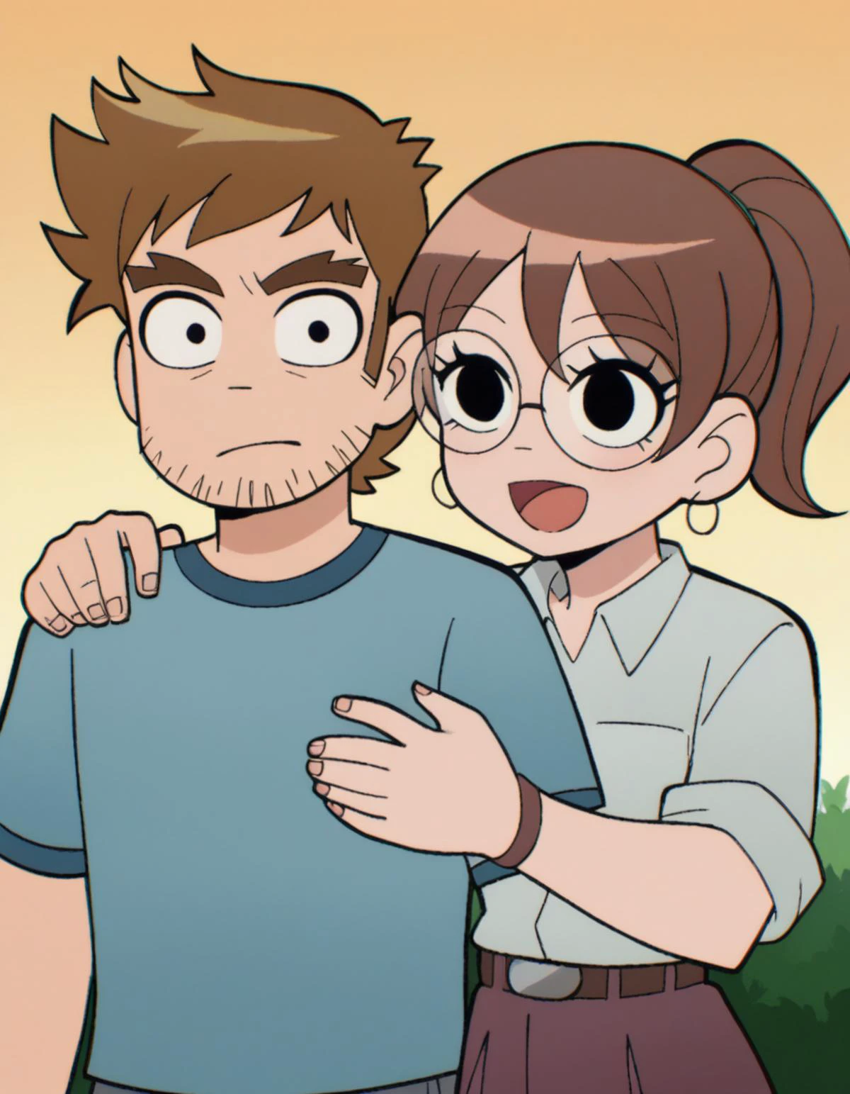 zPDXL, score_9, score_8_up, score_7_up, source_anime, <lora:ScottP-v2-3:0.8> scttp, multiple characters, outdoors, smiling, happy, hugging, looking at another, cute, adorable, blush, heart,
stephen, short hair, brown hair, facial hair, beard stubble, thick eyebrows,
Julie, brown hair, ponytail, round eyewear,