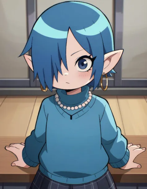 zPDXL, score_9, score_8_up, score_7_up, source_anime, 8k, absurdres,
1girl, solo, <lora:MettisXL:0.8> Mettis, lalafell, blue hair, hair over one eye, blue eyes, pointed ears, shortstack, flat chest, teacher wearing a dark navy turtleneck sweater, plaid skirt, oxfords, classic pearl necklace,hoop earrings, light blush, upper body, portrait, <lora:ScottP-v2-1:0.8> scottp