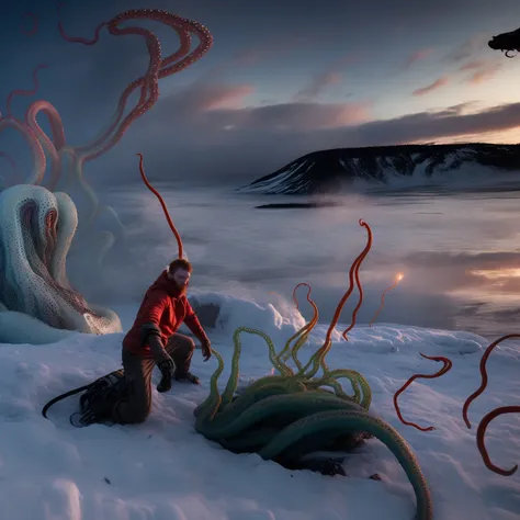 wide-shot (KristoferHivju:1) fighting the monster, Distant backdrop (TentacleBeast:1.5) (MicroFusion:1.1) energy