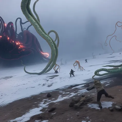 wide-shot (KristoferHivju:1) fighting the monster, Distant backdrop (TentacleBeast:1.5) (MicroFusion:1.1) energy