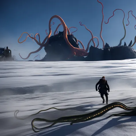 wide-shot (KristoferHivju:1) fighting the monster, Distant backdrop (TentacleBeast:1.5) (MicroFusion:1.1) energy