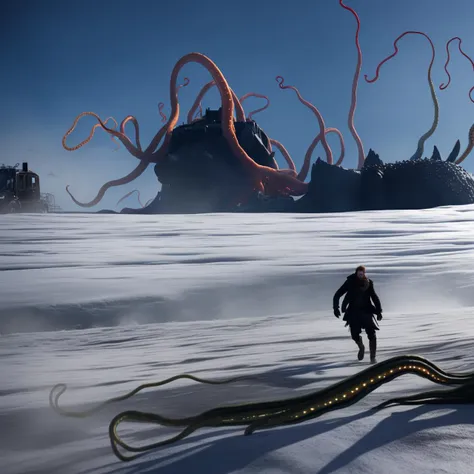 wide-shot (KristoferHivju:1) fighting the monster, Distant backdrop (TentacleBeast:1.5) (MicroFusion:1.1) energy