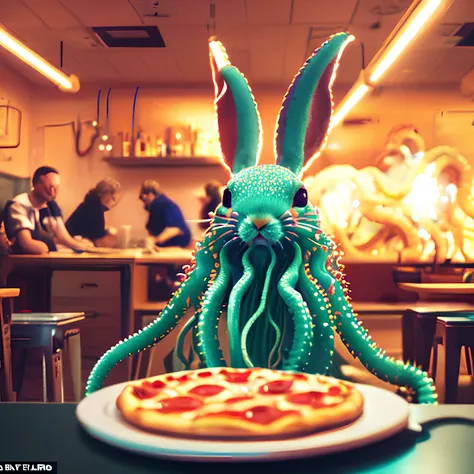 (classicnegative:1) photo of a cute white fluffy (tentaclebeast:1.2) rabbit baking a pizza in a restaurant, fluorescent ceiling light tubes, haze, bloom, halation, dramatic atmosphere, cinematography