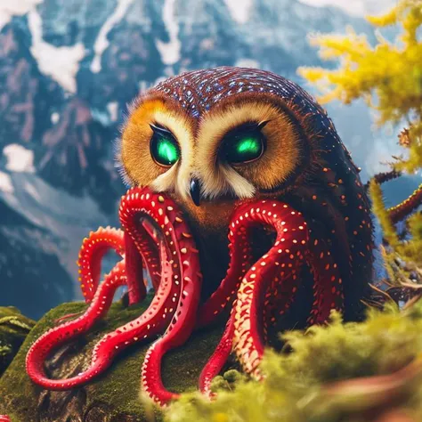 (classicnegative:1) photo of a gloomy (tentaclebeast:1.3) Owl brooding and contemplating over it's life choices while sitting on a mossy rock on top of a mountain in the alps, edelweiss flowers, haze, bloom, halation, dramatic atmosphere, cinematographyon