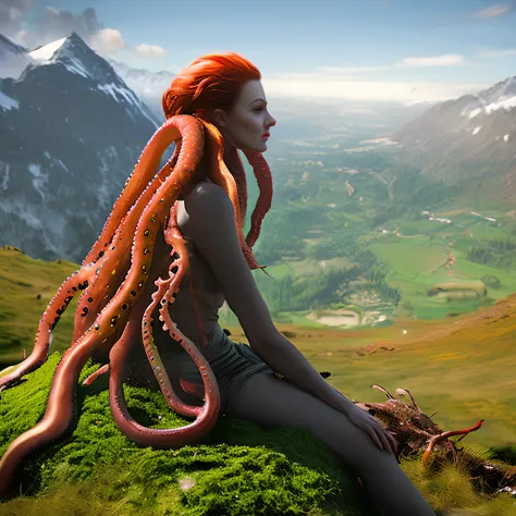 classicnegative photo of a (tentaclebeast:1.3) woman with copper hair and porcelain skin sitting on a mossy rock on top of a mountain in the alps, thinking about if her boyfriend would shoot her in the head if she turned into a zombie tentaclebeast, edelweiss flowers, dark clouds, haze, bloom, halation, dramatic atmosphere, intricate, sexy, revealing, cinematography