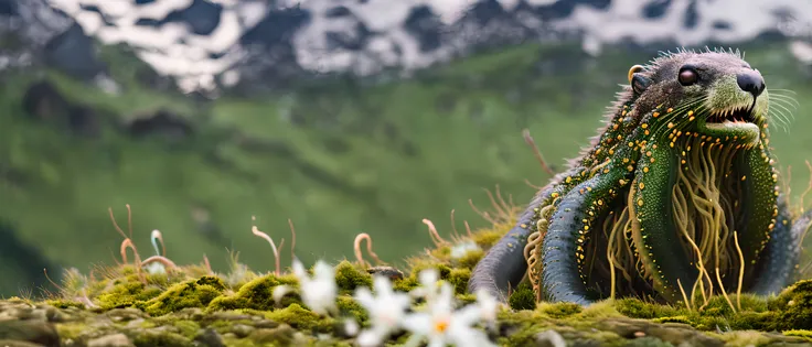 (classicnegative:1) photo of a cute (tentaclebeast:1.3) marmot sitting on a mossy rock on top of a mountain in the alps, edelweiss flowers, dark clouds, haze, bloom, halation, dramatic atmosphere, cinematography