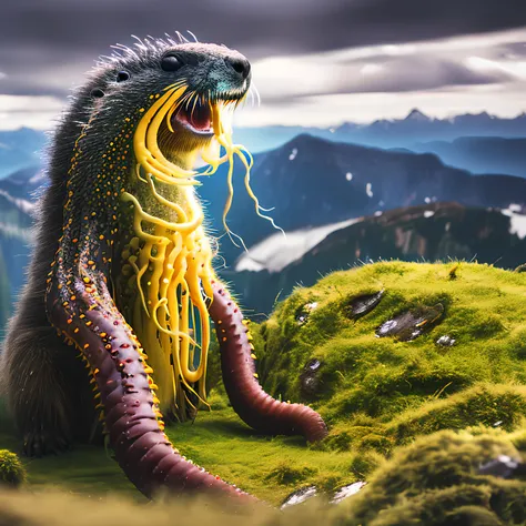 (classicnegative:1) photo of a cute (tentaclebeast:1.2) marmot sitting on a mossy rock on top of a mountain in the alps, edelweiss flowers, dark clouds, haze, bloom, halation, dramatic atmosphere, cinematography