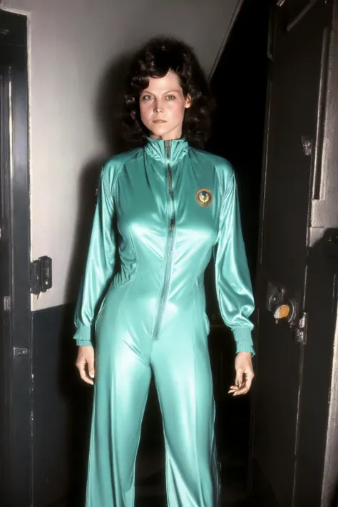 1970s attire, portrait photo, head shot, still, <lora:Ellen_Ripley:0.7>disco suit, Ellen_Ripley woman standing in doorway, modeling shoot by, sci-fi, xenomorph, 1979, alluring
