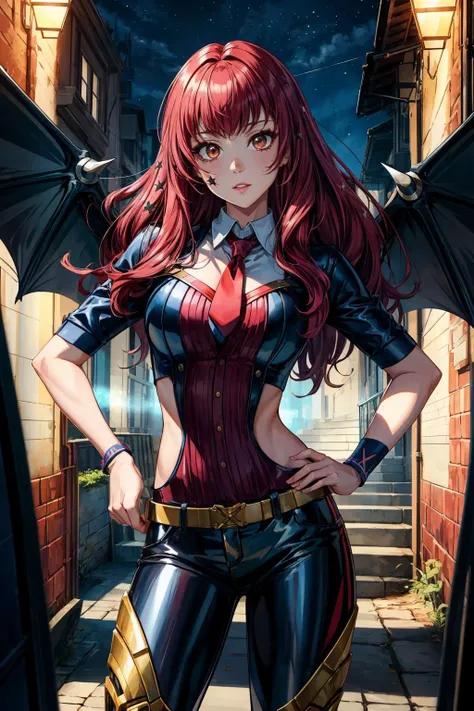 masterpice, best quality, (absurdres), subsurface scattering, 1girl, solo, EPfeYunaka, <lora:EPfeYunaka-10:0.7>, (beautiful face), (looking at viewer:1.1), full lips, red_hair, long_hair, medium_breasts, star_\(symbol\),
BREAK
detailed background, artistic lighting,
BREAK
framed, concert, night, pray hand on hip, collared shirt, coral necktie, leather pants, (mechanical arms, mechanical legs), bat wings, tearing up