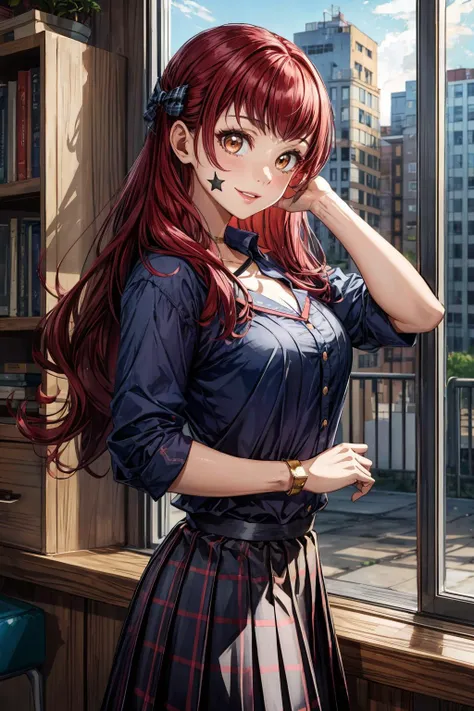 masterpice, best quality, (absurdres), subsurface scattering, 1girl, solo, EPfeYunaka, <lora:EPfeYunaka-10:0.7>, (beautiful face), (looking at viewer:1.1), full lips, red_hair, long_hair, medium_breasts, star_\(symbol\),
BREAK
detailed background, artistic lighting,
BREAK
proximity, school, dusk, arm at side, halterneck, pleated plaid_skirt, turquoise bow, laughing