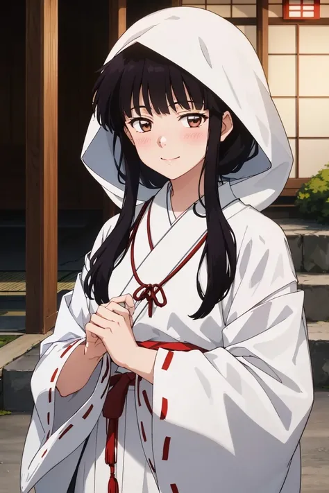 1girl, Kikyo, skinny, sidelocks, blunt_tresses, Shiromuku, white hood,  <lora:Kimono:0.5>, light_blush, traditional japanese wedding dress, <lora:Kikyo-10:0.78>, looking_at_viewer, shy_smile