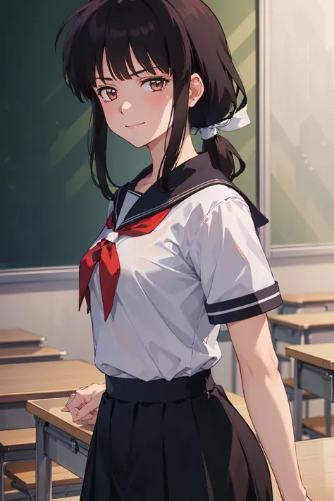 1girl, Kikyo, skinny, light_smile, (serious:0.5), sidelocks, sailor uniform, looking_at_viewer, updo, Showa era, classroom, model student, dark skirt, <lora:Kikyo-10:0.8>, closed_mouth, low_ponytail, short_sleeves,