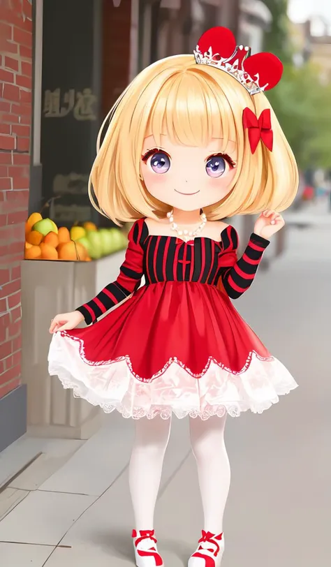 puddingcess_ygo, looking at viewer, blush, smile, hair ornament, long sleeves, bow, jewelry, closed mouth, standing, full body, pantyhose, food, shoes, striped, wide sleeves, blunt bangs, necklace, chibi, red bow, strapless, fruit, white footwear, standing on one leg, tiara, strapless dress, white pantyhose, striped bow, food-themed hair ornament, cherry, brown bow, pearl necklace, food-themed clothes, cherry hair ornament