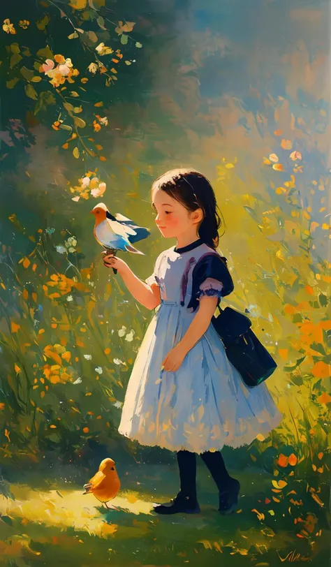 impressionist painting of an small girl holding a little bird, loose brushwork, vibrant color, light and shadow play, captures feeling over form