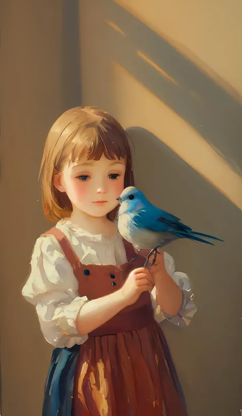 impressionist painting of an small girl holding a little bird, loose brushwork, vibrant color, light and shadow play, captures feeling over form