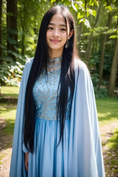(solo,1girl), RAW, (Masterpiece:1.1), a stunning (medium full body shot) portrait of a beautiful teenage young woman standing in a magical forest, long dark hair. wearing ((Intricate magical mystical princess dress)). looking at viewer, alluring expression, naughty face, (cute smile:0.6), (visible teeth:0.5), visible pores, aegyo sal, eyelashes, blush. realistic, lifelike, hyperrealism, highly detailed, absurdres, 8K UHD, soft focus, soft lighting, f1.4, Fujifilm XT3,  <lora:Minji_ChilloutMix_01:1>