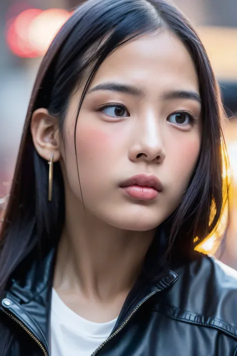 ((solo, 1girl)), RAW, masterpiece, a stunning (close up shot) portrait of a beautiful (asian) (k-pop idol) woman walking on a sidewalk in a city at night on winter, looking at viewer. In a flawless makeup, Wearing ((Skin-Tight top, Jacket, oversized pants)), Hair blown by wind, cinematic lighting, volumetric fog, realistic skin, realistic face skin, perfect face skin, 8K UHD, absurdres, highly detailed, realistic, hyperrealism, <lora:Minji_ChilloutMix_01:1>