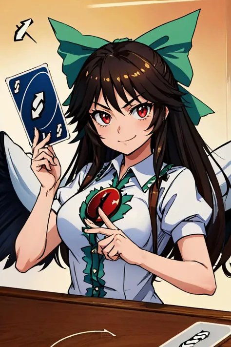 (masterpiece, best quality:1.2), upper body, solo, 1girl, reiuji utsuho, third eye, smug, smirk, looking at viewer, IncrRvrsCard, holding, card, playing card, holding card, arrow \(symbol\), hair bow, shirt, puffy short sleeves, wings <lora:touhou_reiuji:0.8> <lora:UnoReverseCard:1.1>