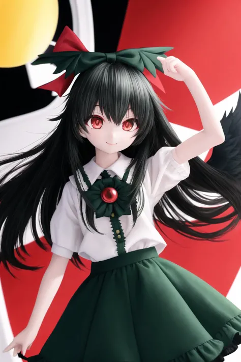 masterpiece, best quality, 1girl, <lora:touhou_reiuji:1>, reiuji utsuho, third eye, green hair bow, shirt, puffy short sleeves, green skirt, black wings, ((long black hair)), red eyes, solo, <lora:dd:0.5>, smiling, looking at viewer
