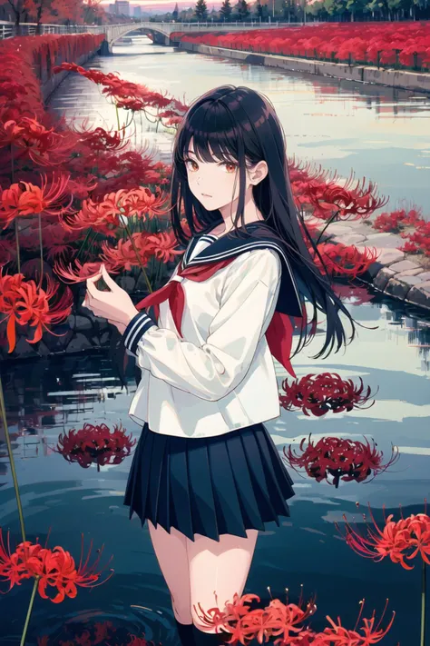 best quality,high resolution,detailed,masterpiece,(beautiful Background,detailed background),8k,1lady ã(skinny:1.2), ,(foot focus:1.2),1girl, solo, school uniform, long hair, black hair,school bag, socks, black serafuku, ( red neckerchief:1.3) pleated skirt,shirt,reflection, kneehighs, black skirt, looking at viewer, long sleeves, standing, bangs,on riverbed,road,outdoors, closed mouth, sky, (cowboy shot:1.5),<lora:manjusaka:1>,(manjusaka:1.3),red flower,
f. reflective water,,sunset, river side bank, ripples,<lora:tareme_v10_dylora:-0.5>,(stink eye:0.5)ã ,(realistic:0.7), lips,Embankment, under the bridge,(red spider lily:1.3),
stepping stones, culvert. ,sharp nose,