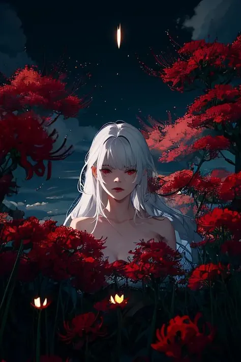 (masterpiece:1.3),(best quality:1.2),8k,absurdres,unity 8k wallpapper,(extremely detailed:1.3),highestres,highres,Amazing,illustration,beautiful studio soft light,stunningly beautiful,incredibly absurdres,vibrant details,cinematic lighting,moody lighting,pixiv,award-winning,professional,highly detailed,perfect detailed face,own hands together,
1girl,red flower,(manjusaka:1.1),(holding solo flower:1.1),floating long hair,white hair,red eyes,night,cowboy shot,graveyard,stone tablet,tombstone,flower field,cloud,dark theme,night sky,looking at viewer,parted lips,moonlight,(floating light particles:1.2),mysterious,dangerous,cold,psychedelic,magical,nature,black dress,<lora:manjusaka-24:1>,<lora:lowRA:0.5>,