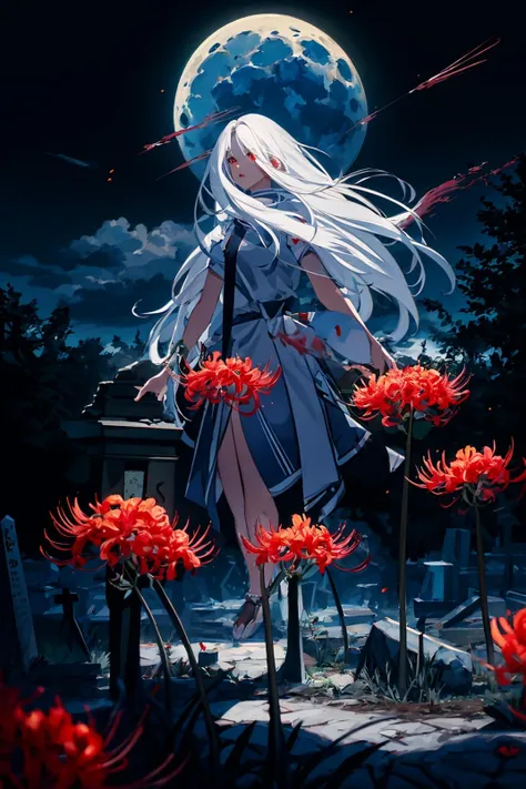(masterpiece:1.3),(best quality:1.2),8k,absurdres,unity 8k wallpapper,(extremely detailed:1.3),highestres,highres,Amazing,illustration,beautiful studio soft light,stunningly beautiful,incredibly absurdres,vibrant details,cinematic lighting,moody lighting,pixiv,award-winning,professional,highly detailed,perfect detailed face,
1girl,red flower,(manjusaka:1.1),(holding solo flower:1.1),floating long hair,white hair,red eyes,night,cowboy shot,graveyard,stone tablet,tombstone,flower field,moon,cloud,dark theme,night sky,glowing,looking at viewer,parted lips,moonlight,(floating light particles:1.2),mysterious,dangerous,cold,psychedelic,magical,nature,<lora:manjusaka-24:1>,<lora:lowRA:0.5>,