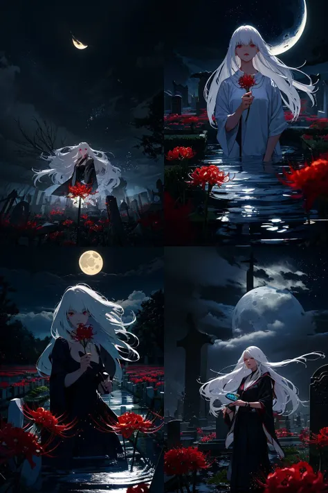 (masterpiece:1.3),(best quality:1.2),8k,absurdres,unity 8k wallpapper,(extremely detailed:1.3),highestres,highres,Amazing,illustration,beautiful studio soft light,stunningly beautiful,incredibly absurdres,vibrant details,cinematic lighting,moody lighting,pixiv,award-winning,professional,highly detailed,perfect detailed face,
1girl,red flower,(manjusaka:1.1),(holding solo flower:1.1),floating long hair,white hair,red eyes,night,cowboy shot,graveyard,stone tablet,tombstone,flower field,moon,cloud,dark theme,night sky,glowing,water,looking at viewer,parted lips,moonlight,(floating light particles:1.2),mysterious,dangerous,cold,psychedelic,magical,nature,<lora:manjusaka-36:1> ,<lora:lowRA:0.5>