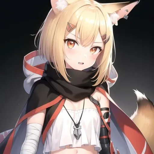 ((masterpiece)),(best quality),official art,extremely detailed CG,unity 8k wallpaper,ultra detailed,1girl,solo,upper body,(portrait:1.2),notched_ear,animal_ears,toeless_footwear,fox_ears,blonde_hair,navel,tooth_necklace,orange_eyes,hairclip,jewelry,hair_ornament,hood_down,animal_ear_fluff,fingerless_gloves,hooded_cape,looking_at_viewer,fox_tail,black_shorts,short_hair,fox_girl,white_shirt,prosthetic_arm,bandaged_arm,cape,black_gloves,midriff,bandaged_leg,sandals,bangs,strapless,<lora:Vermeil(ark)>,