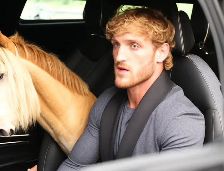 <lora:Logan Paul - Trigger with Loganpaul Person:1> loganpaul person driving a car with a( horse in the passenger seat.:1.2)