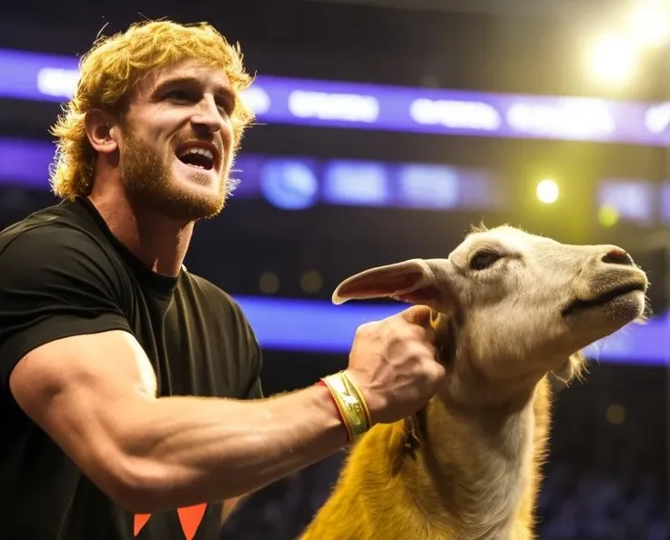 <lora:Logan Paul - Trigger with Loganpaul Person:1> movie still of loganpaul person low wide angle shot trying to punch a friendly goat. Alien spaceship with cyborg alien small town tough-guys holding a sausage and yelling authorize pee dee river . Crucified by Alien religious people. Small town boy crying. tears. sad faces, shock, outrage, losers.