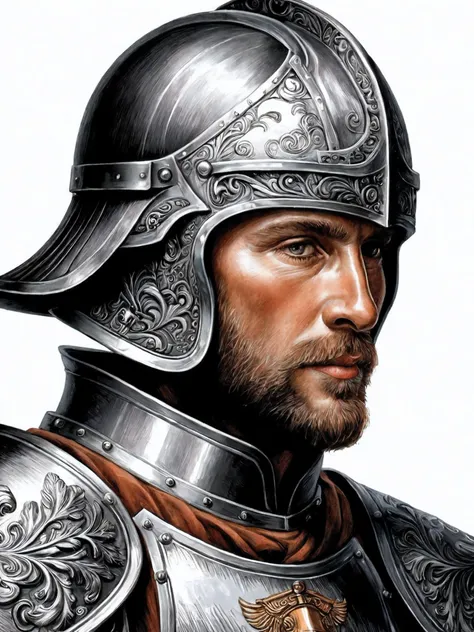 copperplate,Create a realistic fantasy image of a knight with his helmet removed,highlighting his face. The knight should embody the image of a good god,with blond hair,a chiseled chin and dark brown eyes. He should be dressed in richly detailed Germanic armor,presented in a highly realistic style. Make sure the image is well lit to highlight the intricate details of his facial features and armor. Add "Warhammer 40K" aesthetic elements to the traditional fantasy background to add unique style changes.,
Illustrations should use elements of woodcuts and copperplate prints,combining the thick lines and rich textural details of woodcuts with the delicate lines and depth of copperplate prints. Maintaining the black and white tones of the illustrations creates the feel of retro and flat illustrations while capturing the essence of the characters and the environment.,