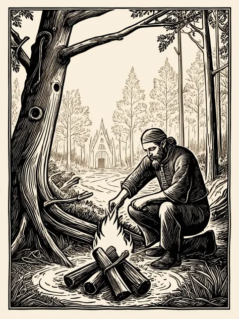 Create a highly detailed woodcut-style illustration of the Astarion in Baldor's Gate 3 attempting to make a fire with a branch,Astarion should be depicted in a forest or wilderness environment,surrounded by trees and vegetation,he should be shown crouching or kneeling on the ground,intensely trying to make a fire,his expression should convey concentration and determination,with a hint of frustration or uncertainty,the scene should capture the challenges and difficulties of using primitive fire-making techniques,Astarion using tree branches and friction to ignite a flame,
Ensure that the image reflects the fantasy and adventure themes of Baldade's Gate 3,pay attention to character design and environmental details,the illustrations should be mainly full body images,use thick line contours and rich texture details to enhance the beauty of the woodcut style,add etching and letterpress printing elements to increase texture and depth,maintain the black and white tone of the illustrations,and create a feeling of retro and flat illustrations. While emphasizing simplicity,still capture the essence of the character and the surroundings,