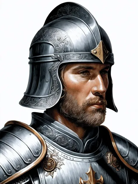 copperplate,Create a realistic fantasy image of a knight with his helmet removed,highlighting his face. The knight should embody the image of a good god,with blond hair,a chiseled chin and dark brown eyes. He should be dressed in richly detailed Germanic armor,presented in a highly realistic style. Make sure the image is well lit to highlight the intricate details of his facial features and armor. Add "Warhammer 40K" aesthetic elements to the traditional fantasy background to add unique style changes.,
Illustrations should use elements of woodcuts and copperplate prints,combining the thick lines and rich textural details of woodcuts with the delicate lines and depth of copperplate prints. Maintaining the black and white tones of the illustrations creates the feel of retro and flat illustrations while capturing the essence of the characters and the environment.,