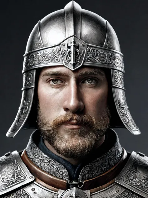 copperplate,Create a realistic fantasy image of a knight with his helmet removed,highlighting his face. The knight should embody the image of a good god,with blond hair,a chiseled chin and dark brown eyes. He should be dressed in richly detailed Germanic armor,presented in a highly realistic style. Make sure the image is well lit to highlight the intricate details of his facial features and armor. Add "Warhammer 40K" aesthetic elements to the traditional fantasy background to add unique style changes.,
Illustrations should use elements of woodcuts and copperplate prints,combining the thick lines and rich textural details of woodcuts with the delicate lines and depth of copperplate prints. Maintaining the black and white tones of the illustrations creates the feel of retro and flat illustrations while capturing the essence of the characters and the environment.,