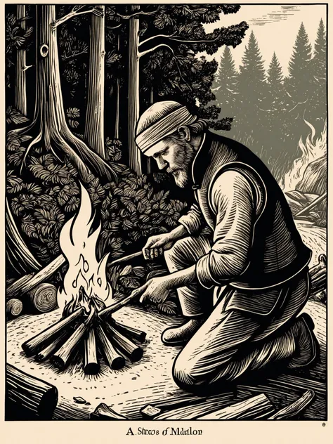 Create a highly detailed woodcut-style illustration of the Astarion in Baldor's Gate 3 attempting to make a fire with a branch,Astarion should be depicted in a forest or wilderness environment,surrounded by trees and vegetation,he should be shown crouching or kneeling on the ground,intensely trying to make a fire,his expression should convey concentration and determination,with a hint of frustration or uncertainty,the scene should capture the challenges and difficulties of using primitive fire-making techniques,Astarion using tree branches and friction to ignite a flame,
Ensure that the image reflects the fantasy and adventure themes of Baldade's Gate 3,pay attention to character design and environmental details,the illustrations should be mainly full body images,use thick line contours and rich texture details to enhance the beauty of the woodcut style,add etching and letterpress printing elements to increase texture and depth,maintain the black and white tone of the illustrations,and create a feeling of retro and flat illustrations. While emphasizing simplicity,still capture the essence of the character and the surroundings,