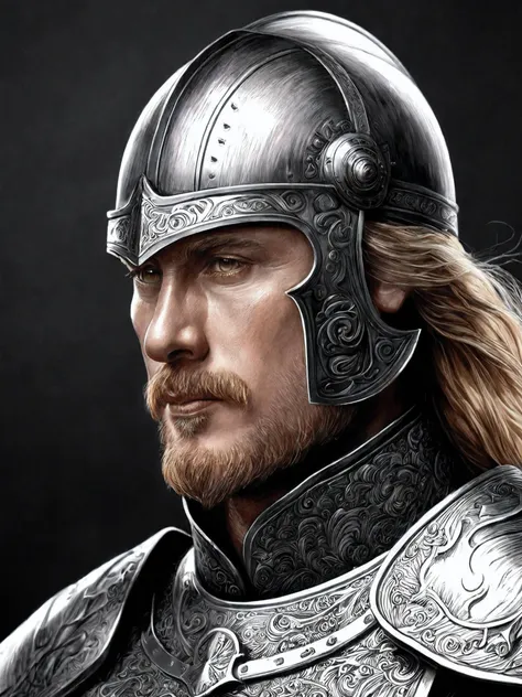 copperplate,Create a realistic fantasy image of a knight with his helmet removed,highlighting his face. The knight should embody the image of a good god,with blond hair,a chiseled chin and dark brown eyes. He should be dressed in richly detailed Germanic armor,presented in a highly realistic style. Make sure the image is well lit to highlight the intricate details of his facial features and armor. Add "Warhammer 40K" aesthetic elements to the traditional fantasy background to add unique style changes.,
Illustrations should use elements of woodcuts and copperplate prints,combining the thick lines and rich textural details of woodcuts with the delicate lines and depth of copperplate prints. Maintaining the black and white tones of the illustrations creates the feel of retro and flat illustrations while capturing the essence of the characters and the environment.,